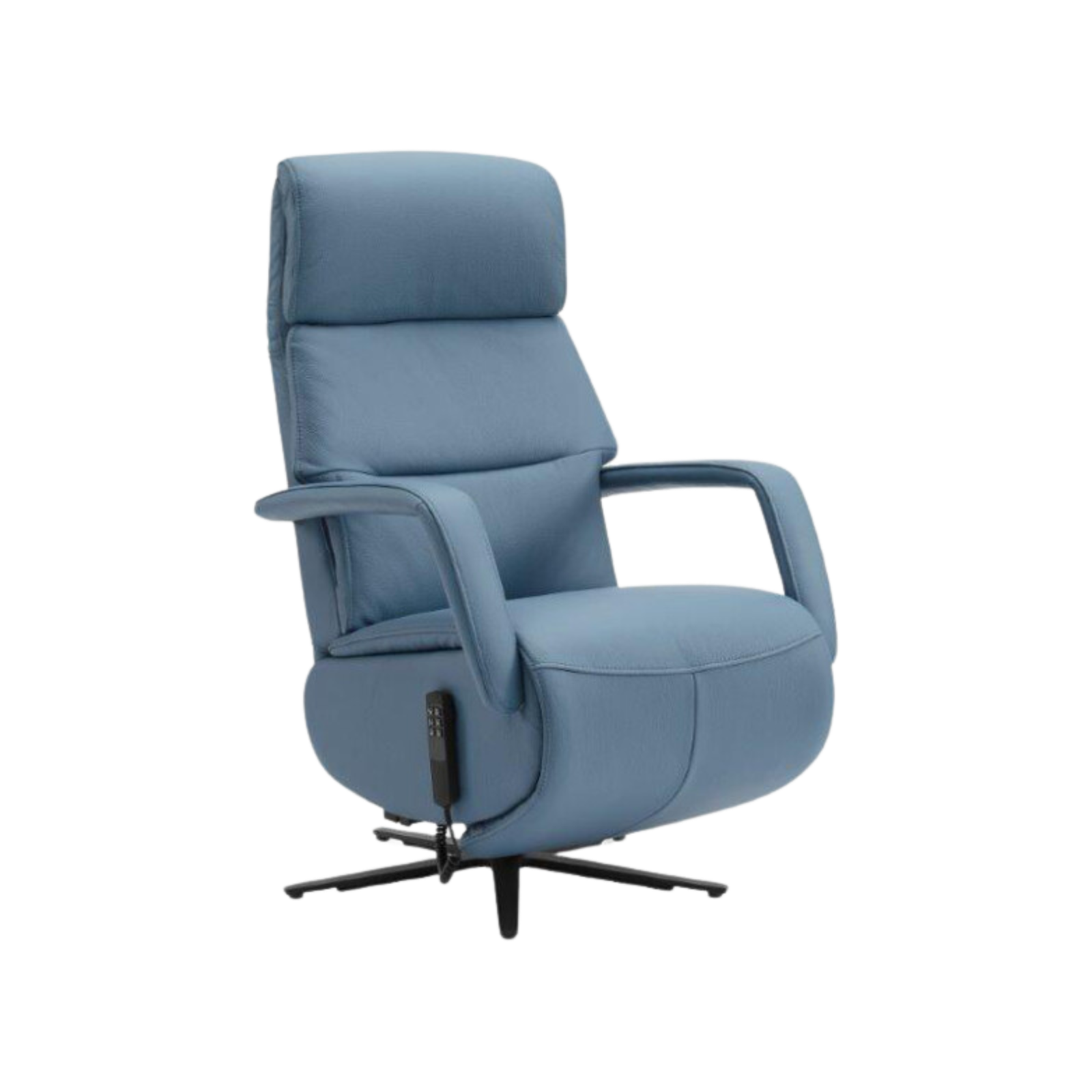 Meubelis sta-op stoel Novelle lichtblauw – elektrische relaxfauteuil met hoge rug en verstelbare beensteun